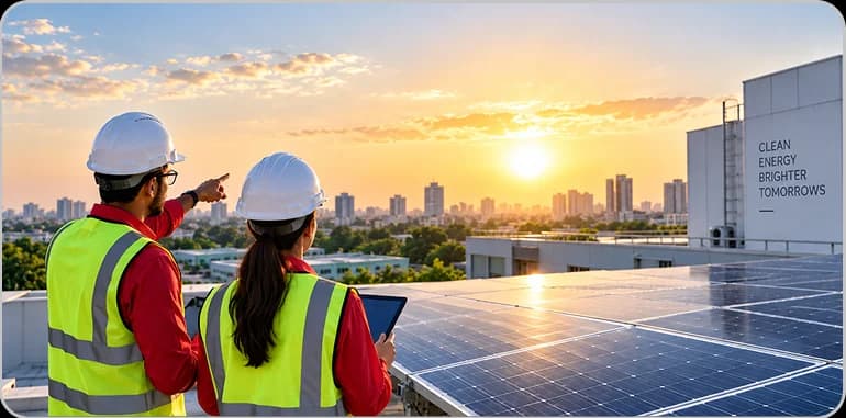 Solar engineers reviewing a rooftop installation